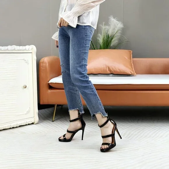 Unisex Strappy Heels Patent PU Rubber Sole 14.5 Women/13 Men High Heel Pumps - Picture 3 of 7